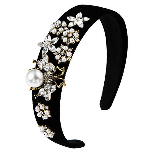 Bee Black Crystal Encrusted Wide Headband